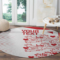 Round carpet, light gray with red 'YOUR TEXT' and Denmark-style animals and hearts