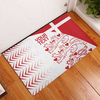 Denmark-style rubber doormat in red and white with 'YOUR TEXT' and lion-heart design.