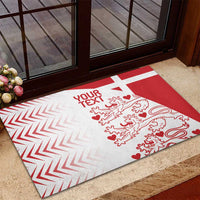 Denmark-style rubber doormat, red and white, with 'YOUR TEXT' and lion-heart graphic.