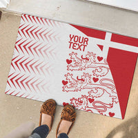 Denmark-style rubber doormat in red and white with 'YOUR TEXT' and lion-heart artwork.