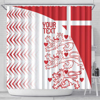 White and red shower curtain with 'YOUR TEXT' and lion-and-heart graphic center
