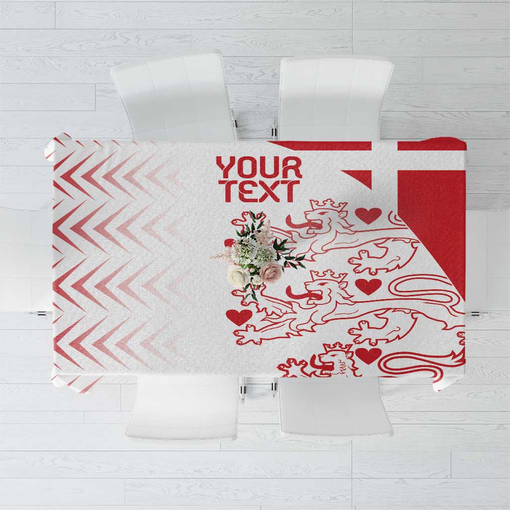 Custom tablecloth with 'YOUR TEXT' and red Danish-style lion crest pattern