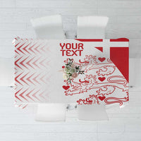 Custom tablecloth with 'YOUR TEXT' and red Danish-style lion crest pattern