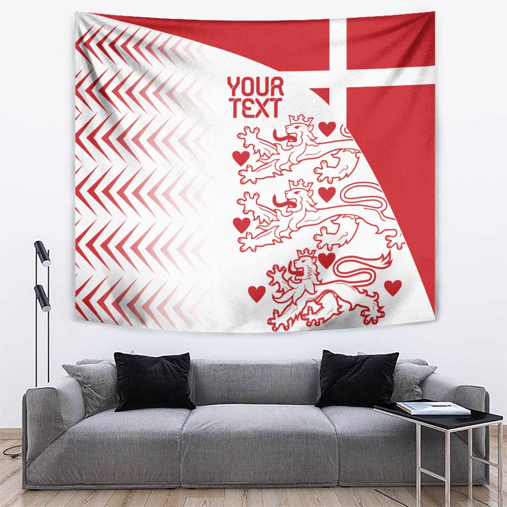 Custom Denmark football tapestry with red-and-white cross, lion crest, and “YOUR TEXT”