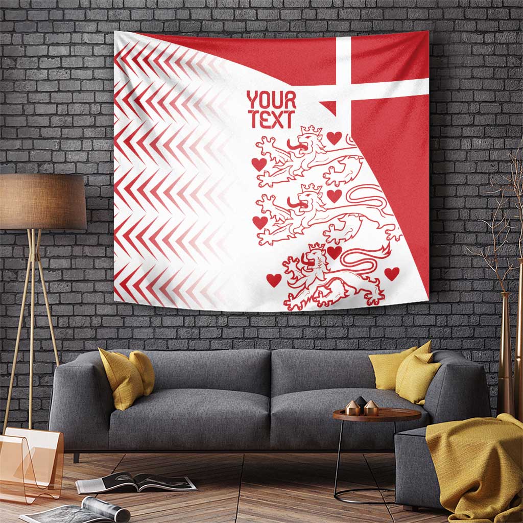 Custom Denmark football tapestry with red field, white cross, zigzag stripes, and lion hearts—YOUR TEXT