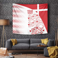 Custom Denmark football tapestry with red field, white cross, zigzag stripes, and lion hearts—YOUR TEXT