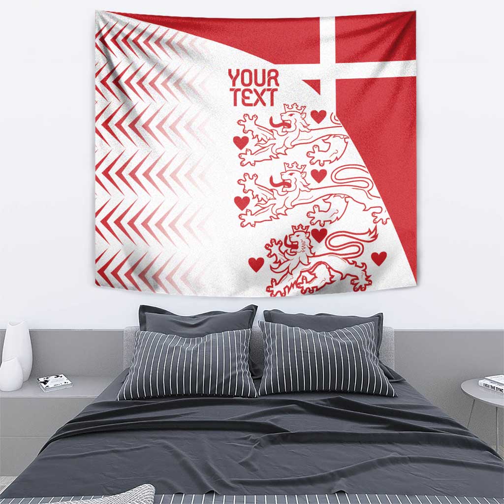 Custom Denmark football tapestry showing red-and-white cross, lion crest, and YOUR TEXT placeholder