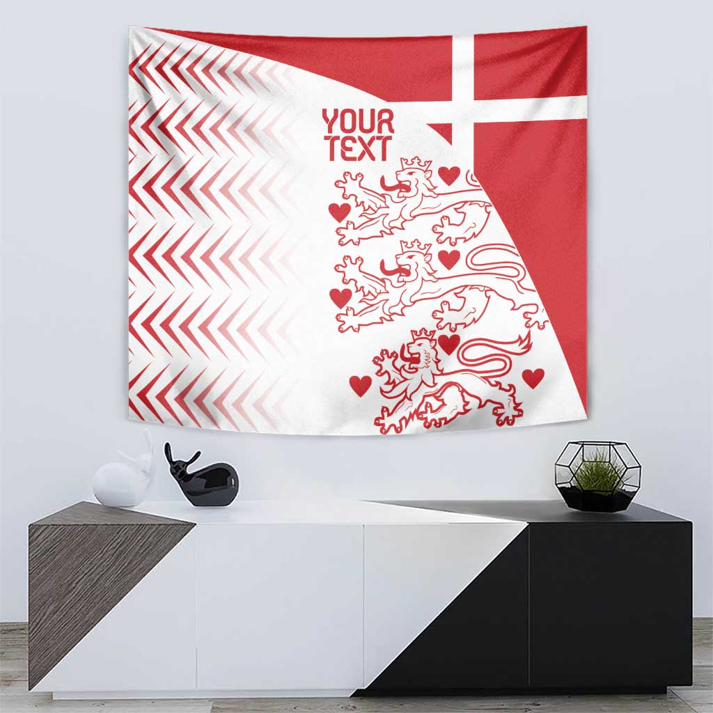 Custom Denmark football tapestry with red background, white cross, and lion crest artwork with YOUR TEXT