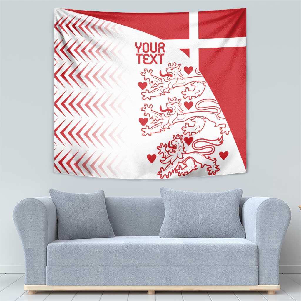 Custom Denmark football tapestry featuring white zigzag pattern, red field, lion crest, and YOUR TEXT