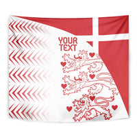 Custom Denmark football tapestry close-up with red-and-white cross, lion silhouettes, and YOUR TEXT