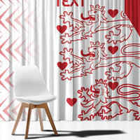 Close view of red-and-white patterned Denmark football window curtain fabric