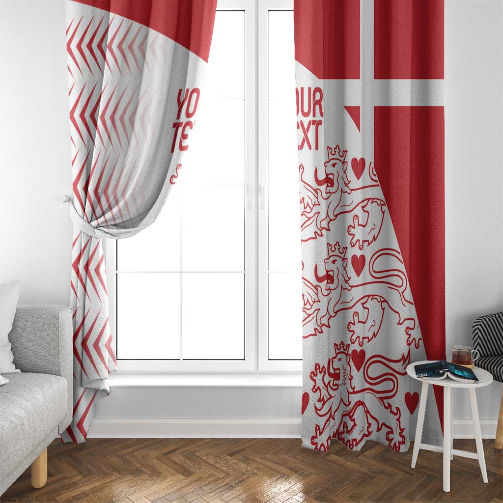 Denmark football window curtain beside white window, red-and-white lion heart print