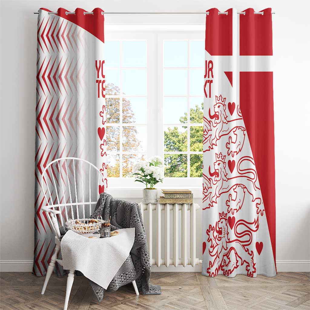 Denmark window curtain pair with red-and-white lion heart motif, hung over windows