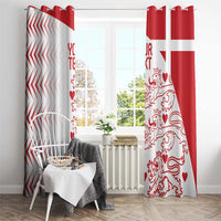 Denmark window curtain pair with red-and-white lion heart motif, hung over windows