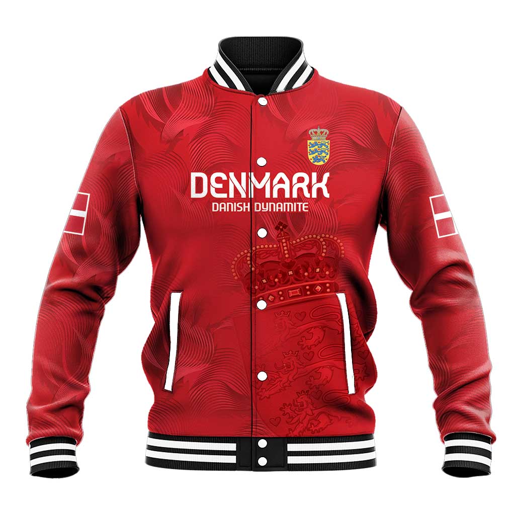 Red football baseball jacket with striped rib collar, zipper, and crest graphic on front.