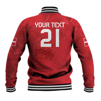 Red football baseball jacket back view with striped hem, number 21, and crest crown graphic.