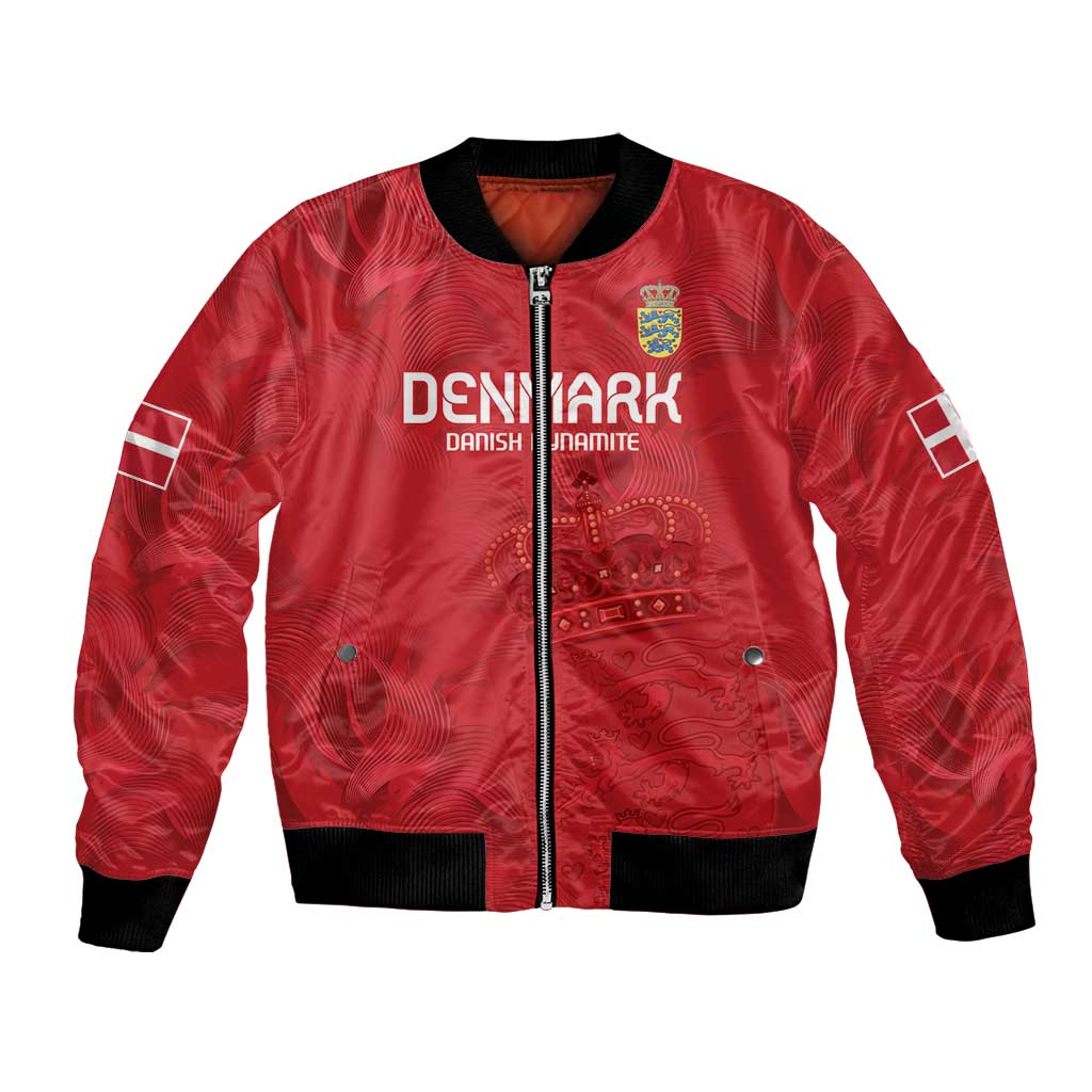 Red Denmark football bomber jacket with zip, ribbed cuffs, and crest emblem