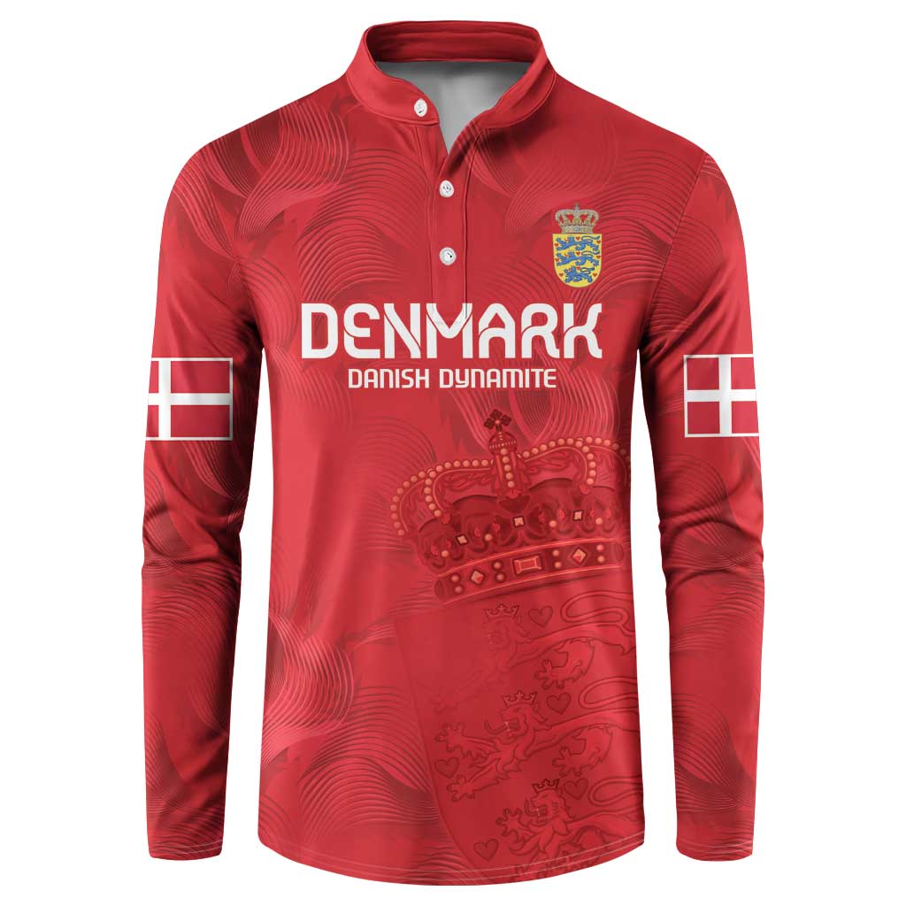 Red long-sleeve button football sweatshirt, front DENMARK print, crest badge, flag sleeve
