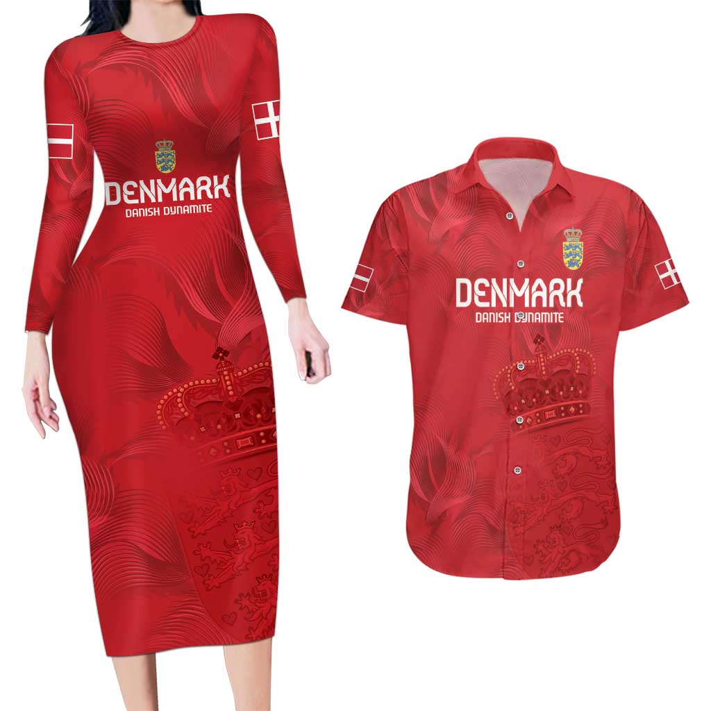 Custom Denmark Football Couples Matching Long Sleeve Bodycon Dress and Hawaiian Shirt With Coat of Arm LT9 - Wonder Print Shop