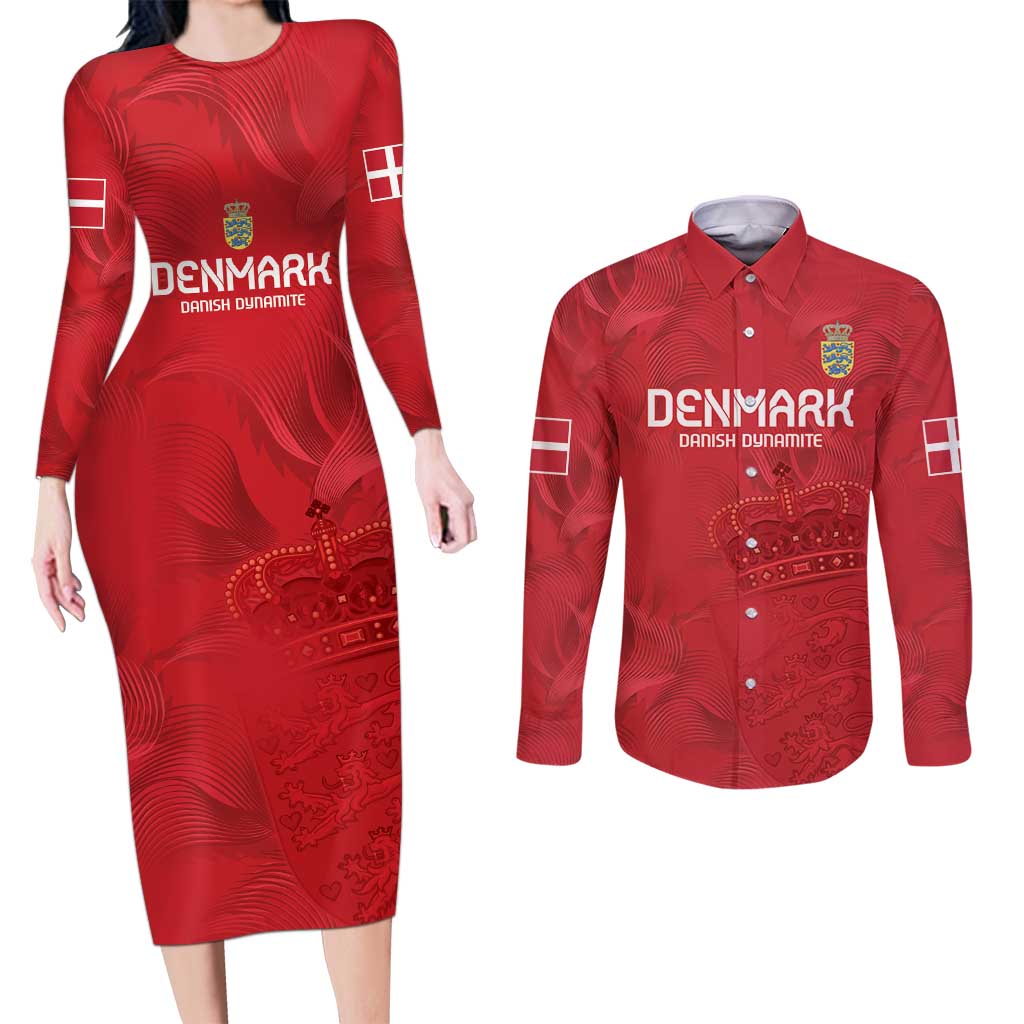 Custom Denmark Football Couples Matching Long Sleeve Bodycon Dress and Long Sleeve Button Shirt With Coat of Arm LT9 - Wonder Print Shop