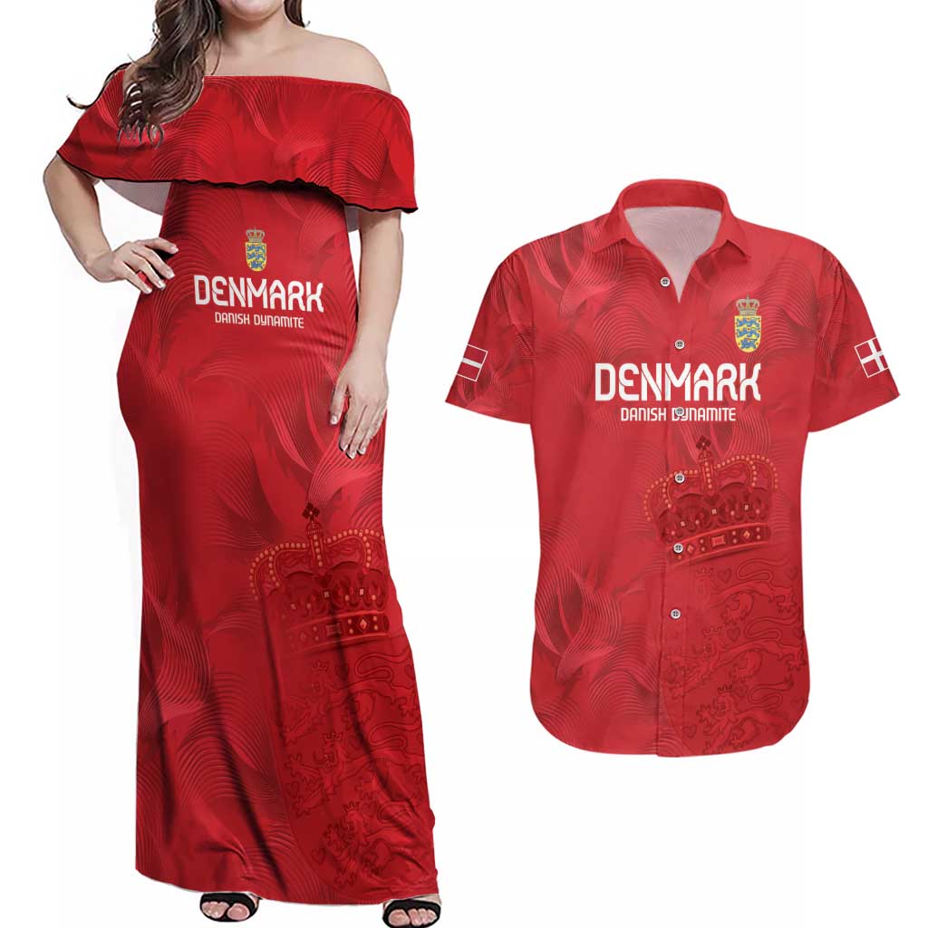 Custom Denmark Football Couples Matching Off Shoulder Maxi Dress and Hawaiian Shirt With Coat of Arm LT9 - Wonder Print Shop