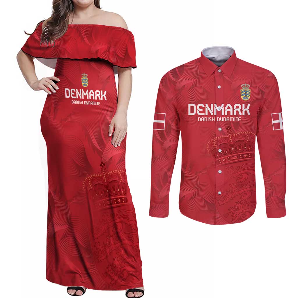 Custom Denmark Football Couples Matching Off Shoulder Maxi Dress and Long Sleeve Button Shirt With Coat of Arm LT9 - Wonder Print Shop