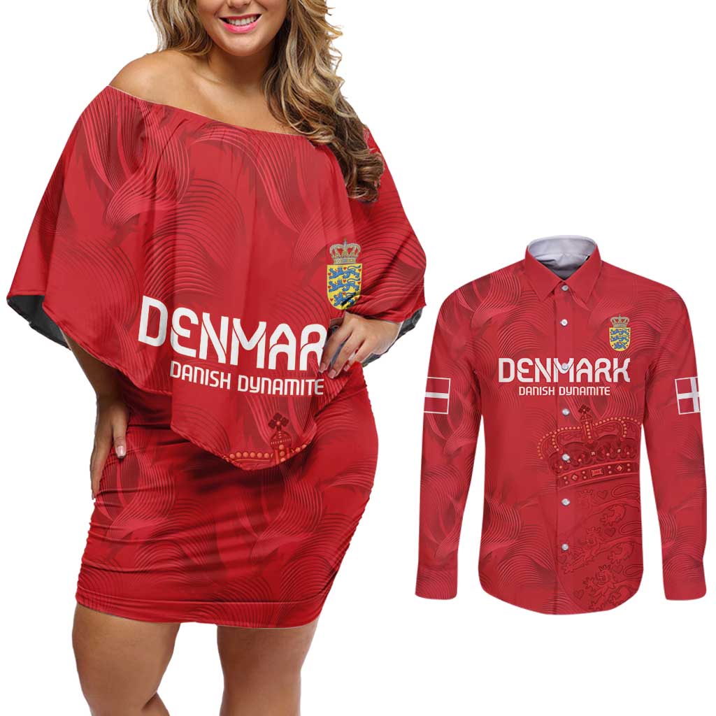 Custom Denmark Football Couples Matching Off Shoulder Short Dress and Long Sleeve Button Shirt With Coat of Arm LT9 - Wonder Print Shop