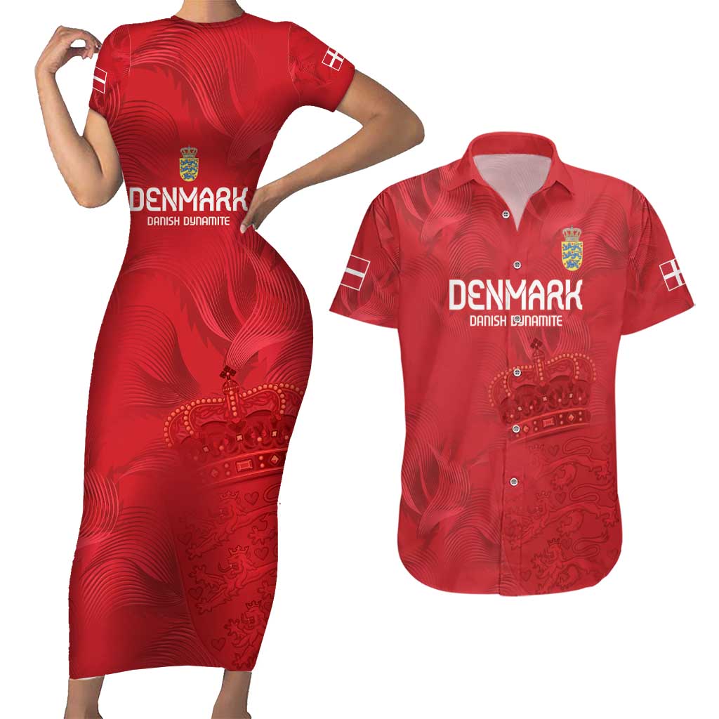 Custom Denmark Football Couples Matching Short Sleeve Bodycon Dress and Hawaiian Shirt With Coat of Arm LT9 - Wonder Print Shop