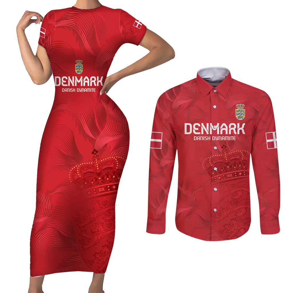 Custom Denmark Football Couples Matching Short Sleeve Bodycon Dress and Long Sleeve Button Shirt With Coat of Arm LT9 - Wonder Print Shop