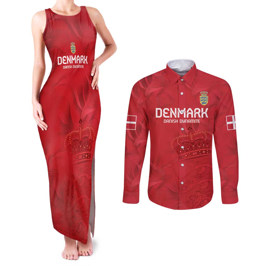 Custom Denmark Football Couples Matching Tank Maxi Dress and Long Sleeve Button Shirt With Coat of Arm LT9 - Wonder Print Shop