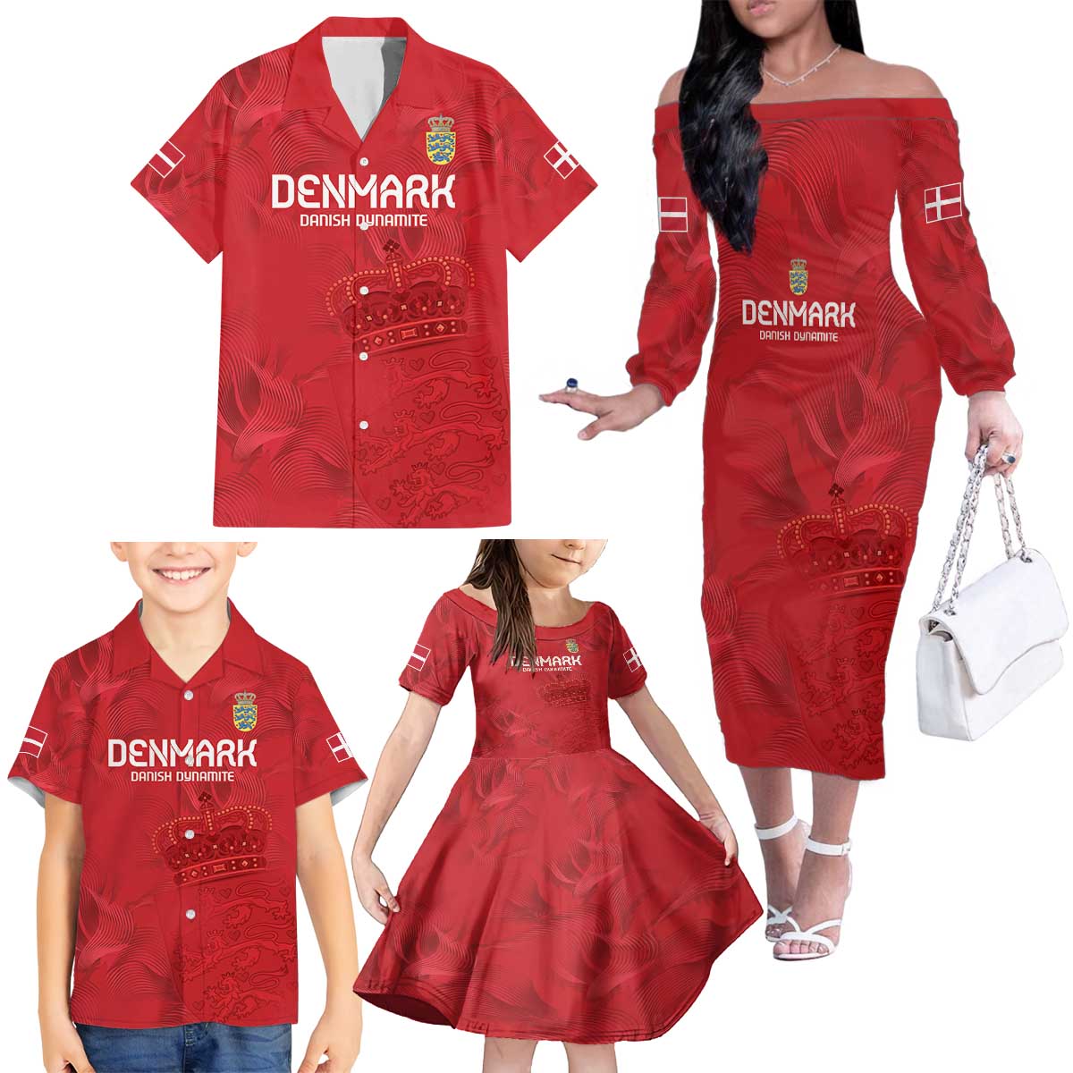 Custom Denmark Football Family Matching Off The Shoulder Long Sleeve Dress and Hawaiian Shirt With Coat of Arm - Wonder Print Shop