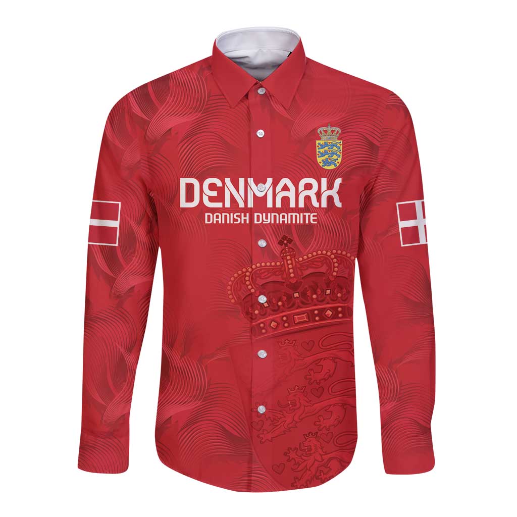 Custom Denmark Football Long Sleeve Button Shirt With Coat of Arm - Wonder Print Shop