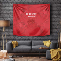Red rectangular Denmark football tapestry with crest and 'Denmark' text, hanging on wall