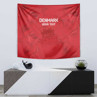 Red Denmark football tapestry with crest and 'Denmark' lettering, wall-hung textile