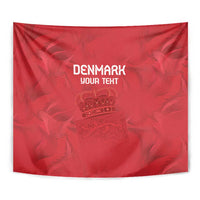 Red Denmark football tapestry with crest and 'Denmark' lettering, close wall-hanging view