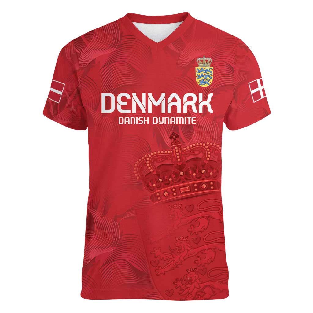 Custom Denmark Football Women V-Neck T-Shirt With Coat of Arm