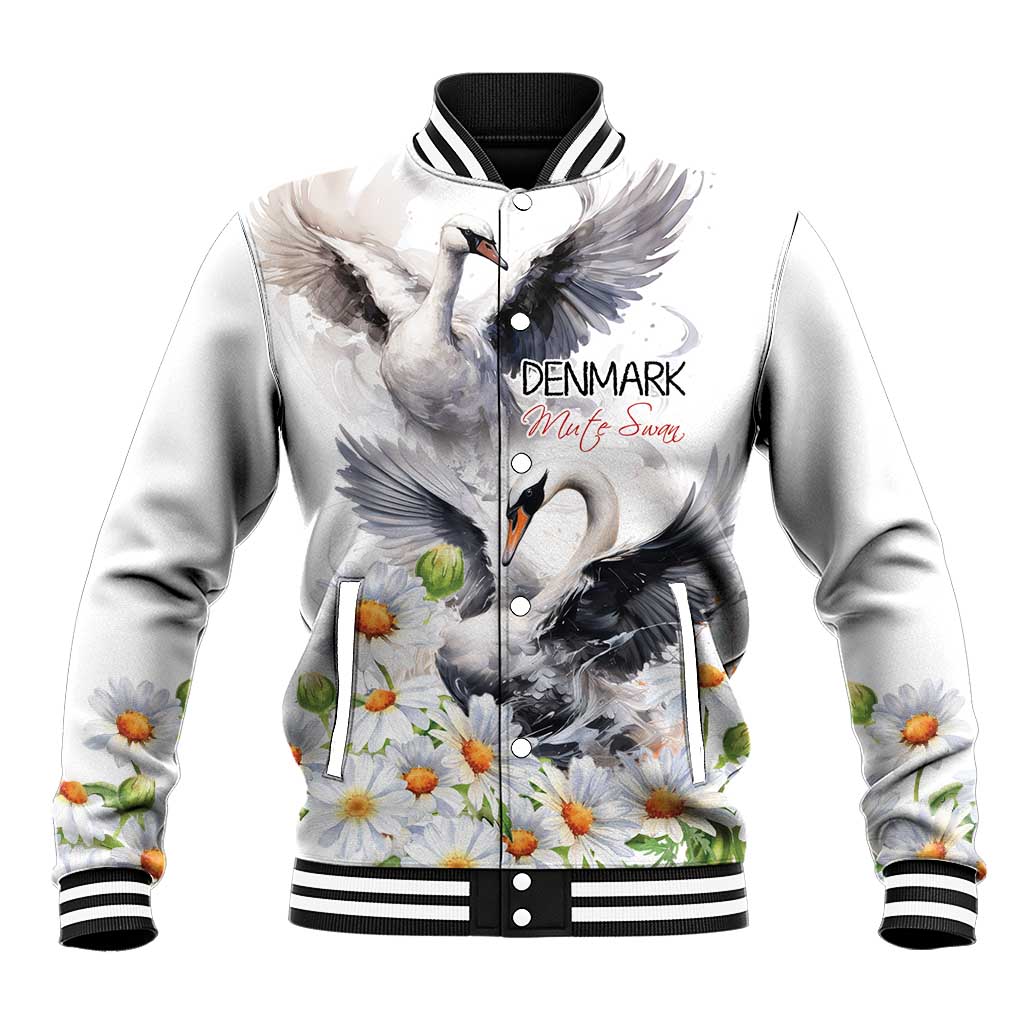 White baseball jacket with black ribbed collar, button front, swan and daisy print