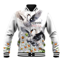 White baseball jacket with black ribbed collar, button front, swan and daisy print