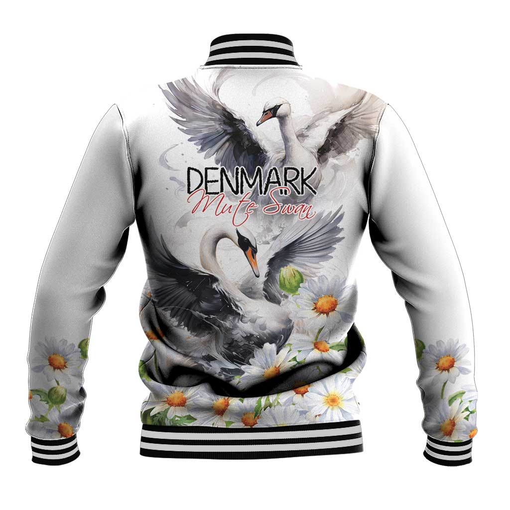 White baseball jacket with black striped rib trim, swan and daisy graphic on back