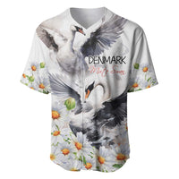 White baseball jersey with mute swan and daisy flower print, button-front