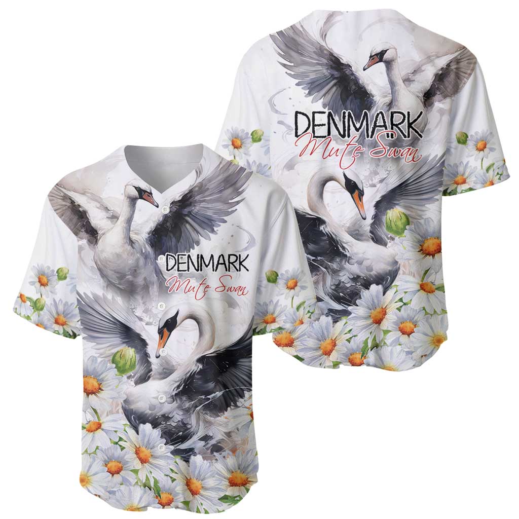 White baseball jersey set: front and back with mute swans and daisy flower print