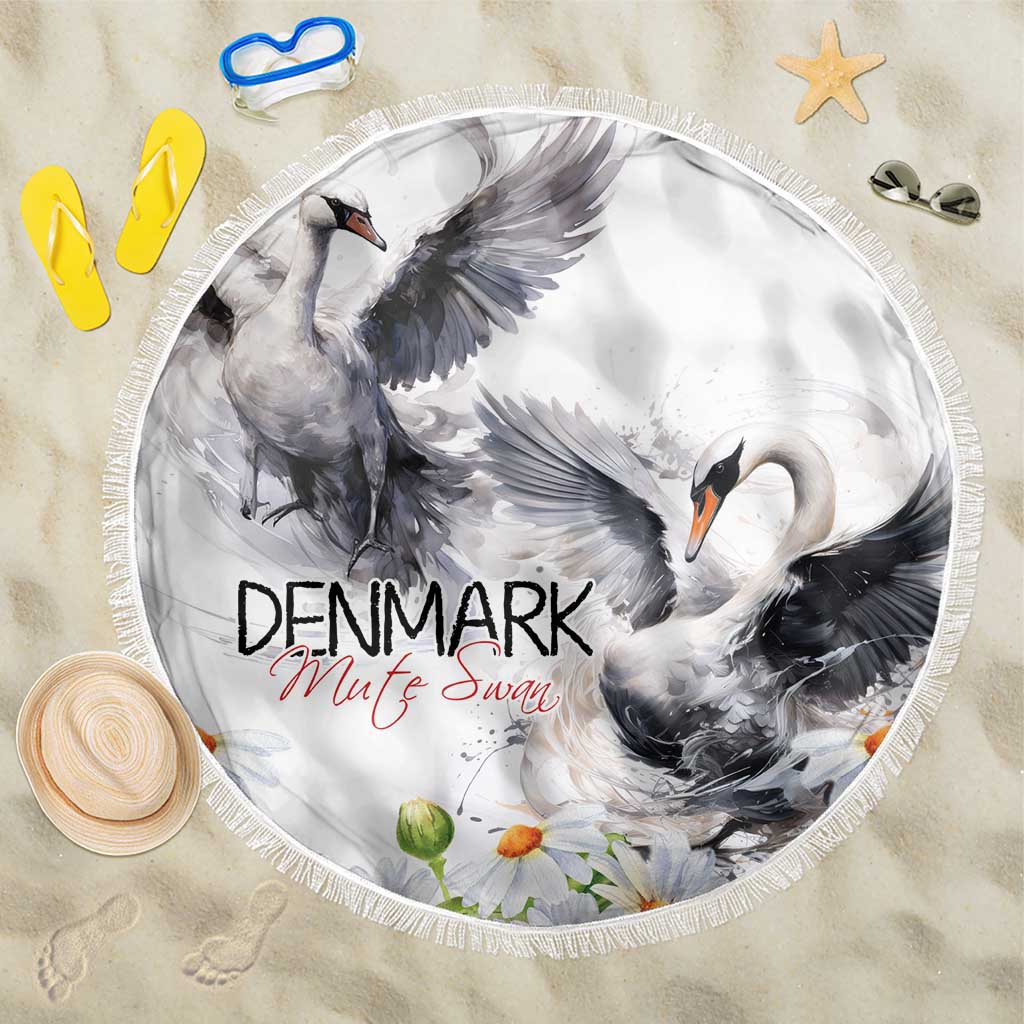 Round beach blanket with mute swan design, Denmark text, tassel fringe, chamomile flowers