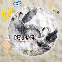 Round beach blanket with mute swan design, Denmark text, tassel fringe, chamomile flowers