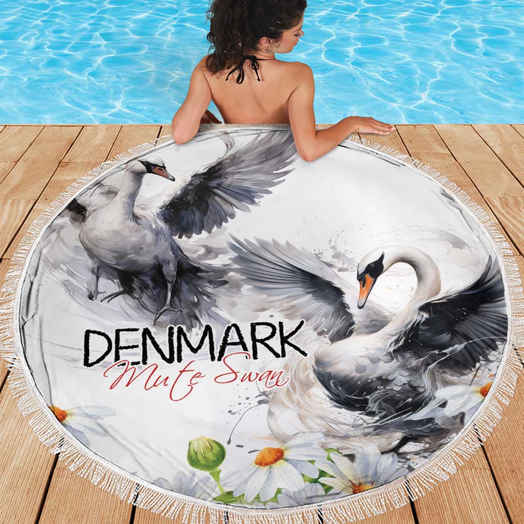 Round beach blanket with large mute swan artwork, Denmark text, tassel fringe