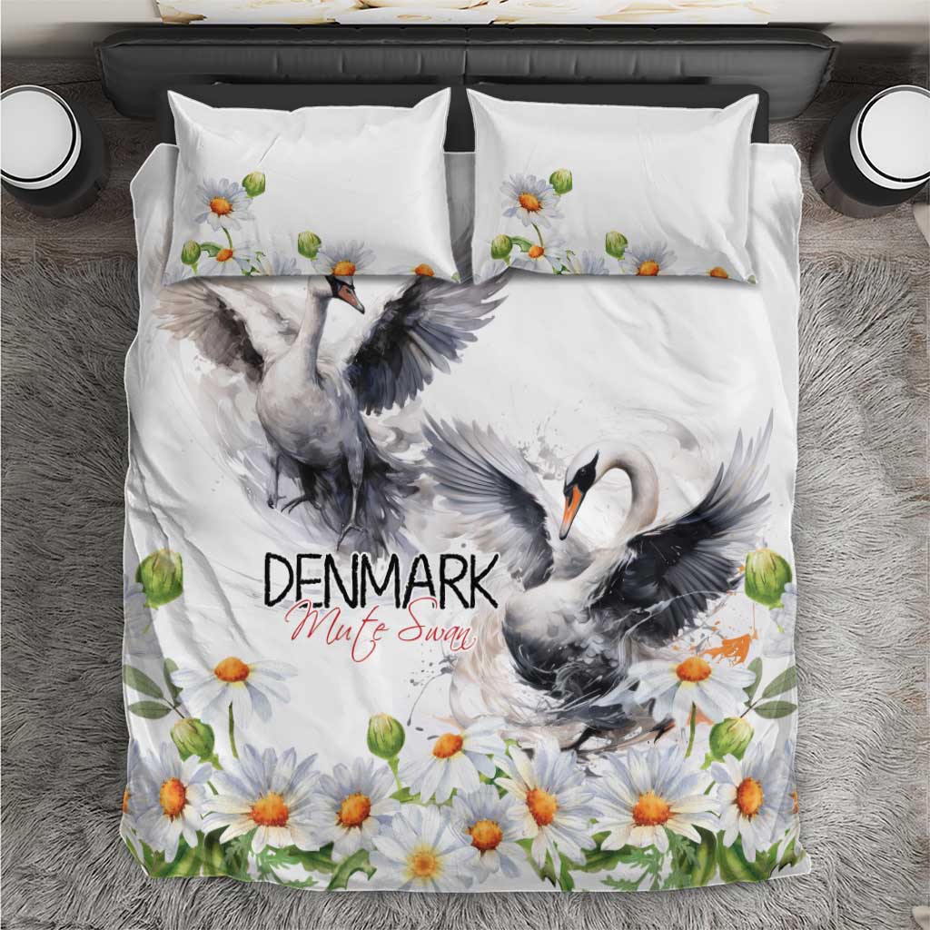 White bedding set with centered gray swan scene and orange daisy floral accents