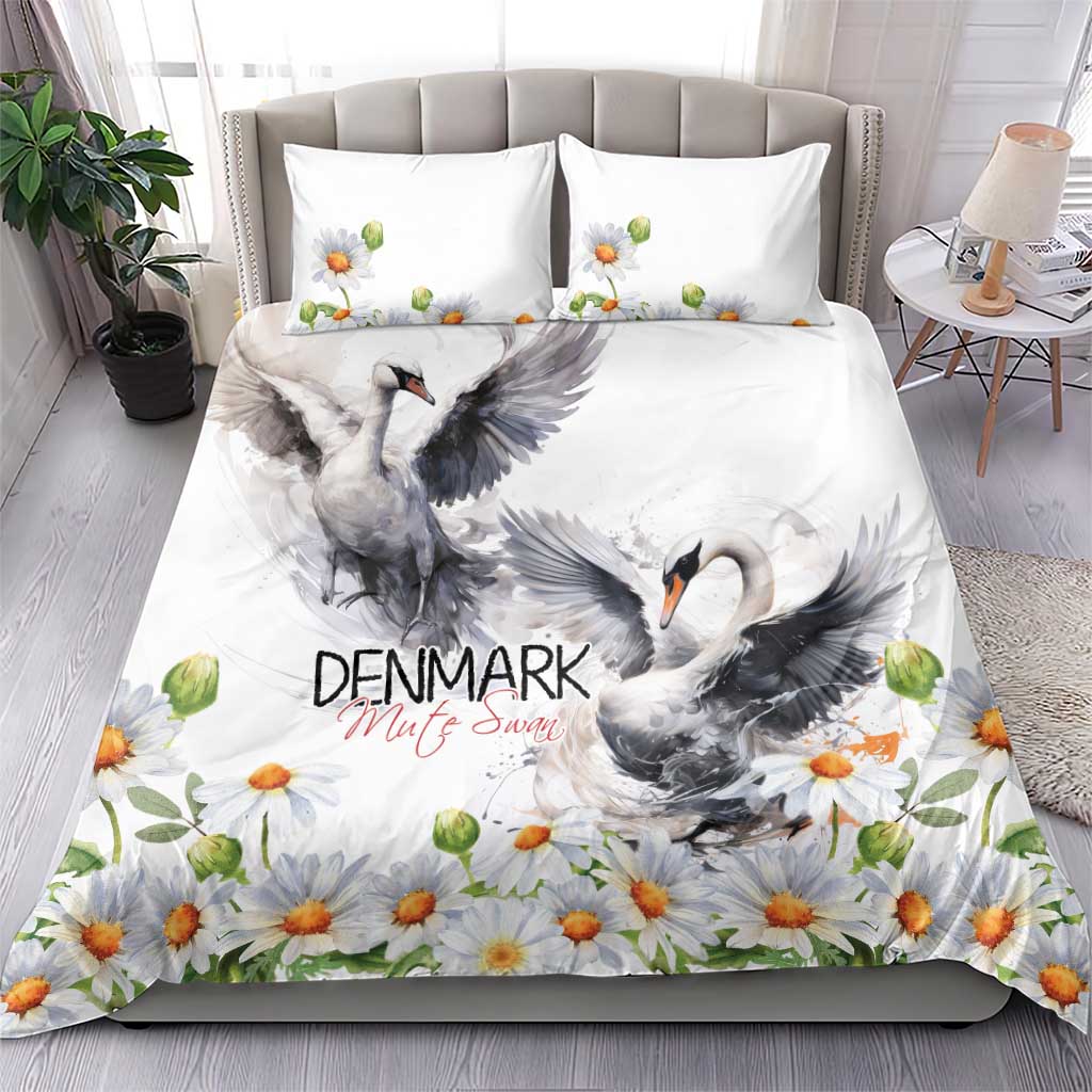 White bedding set with gray swans and orange daisy flowers on duvet and pillowcases