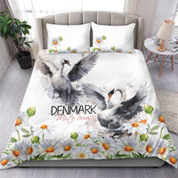 White bedding set with gray swans and orange daisy flowers on duvet and pillowcases