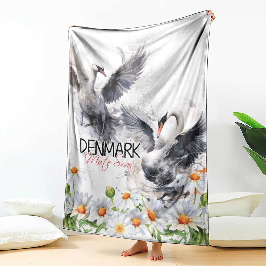 White blanket with gray mute swans and chamomile daisy flowers, soft throw