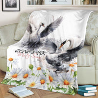 White swan throw blanket with gray birds and chamomile daisy flowers, soft drape