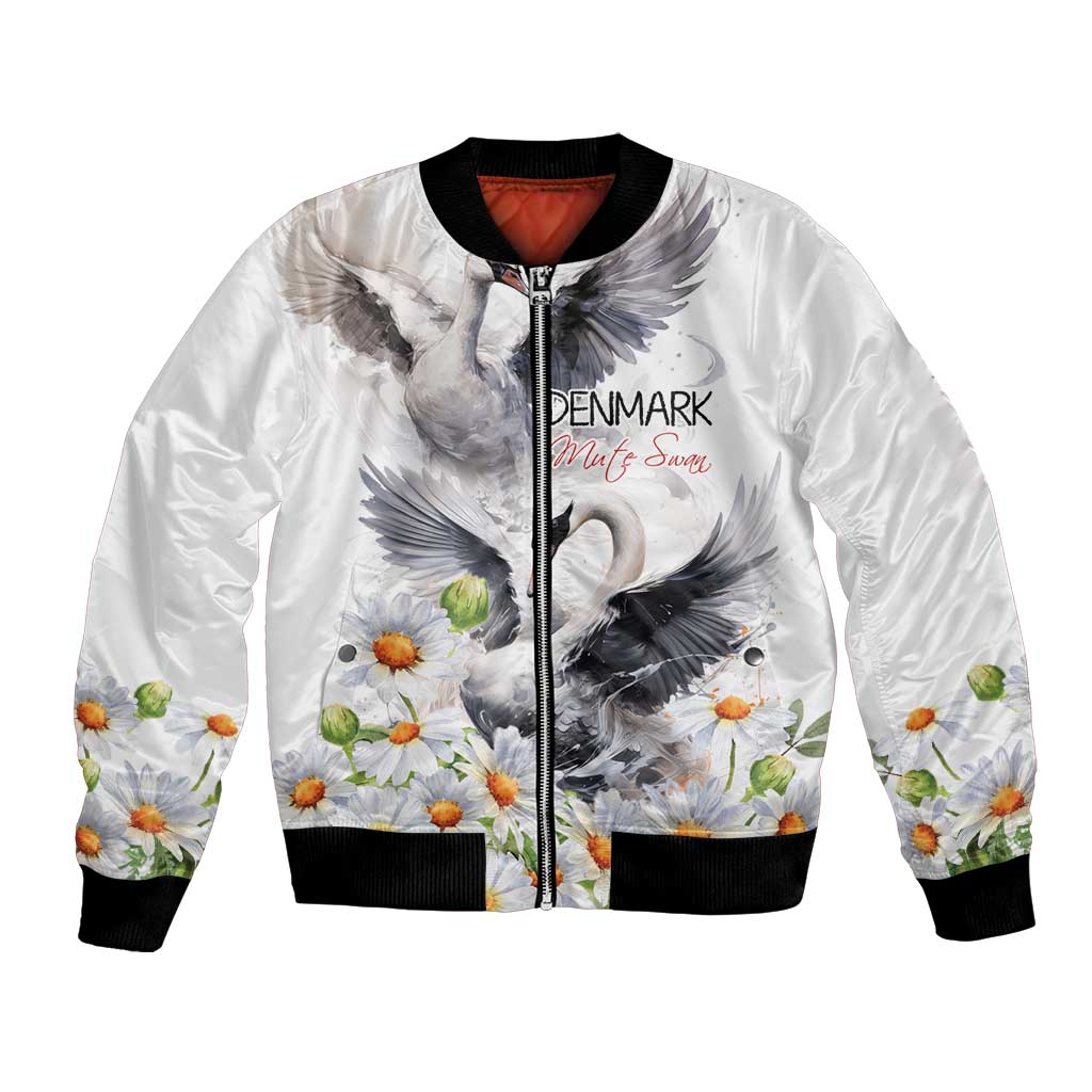 White bomber jacket, zip front, black ribbed hem and cuffs, swans with daisy print